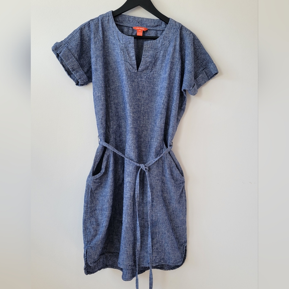 LINEN COTTON BLEND WOMEN'S JOE FRESH SHORT SLEEVE MIDI CHAMBRAY DRESS SIZE M